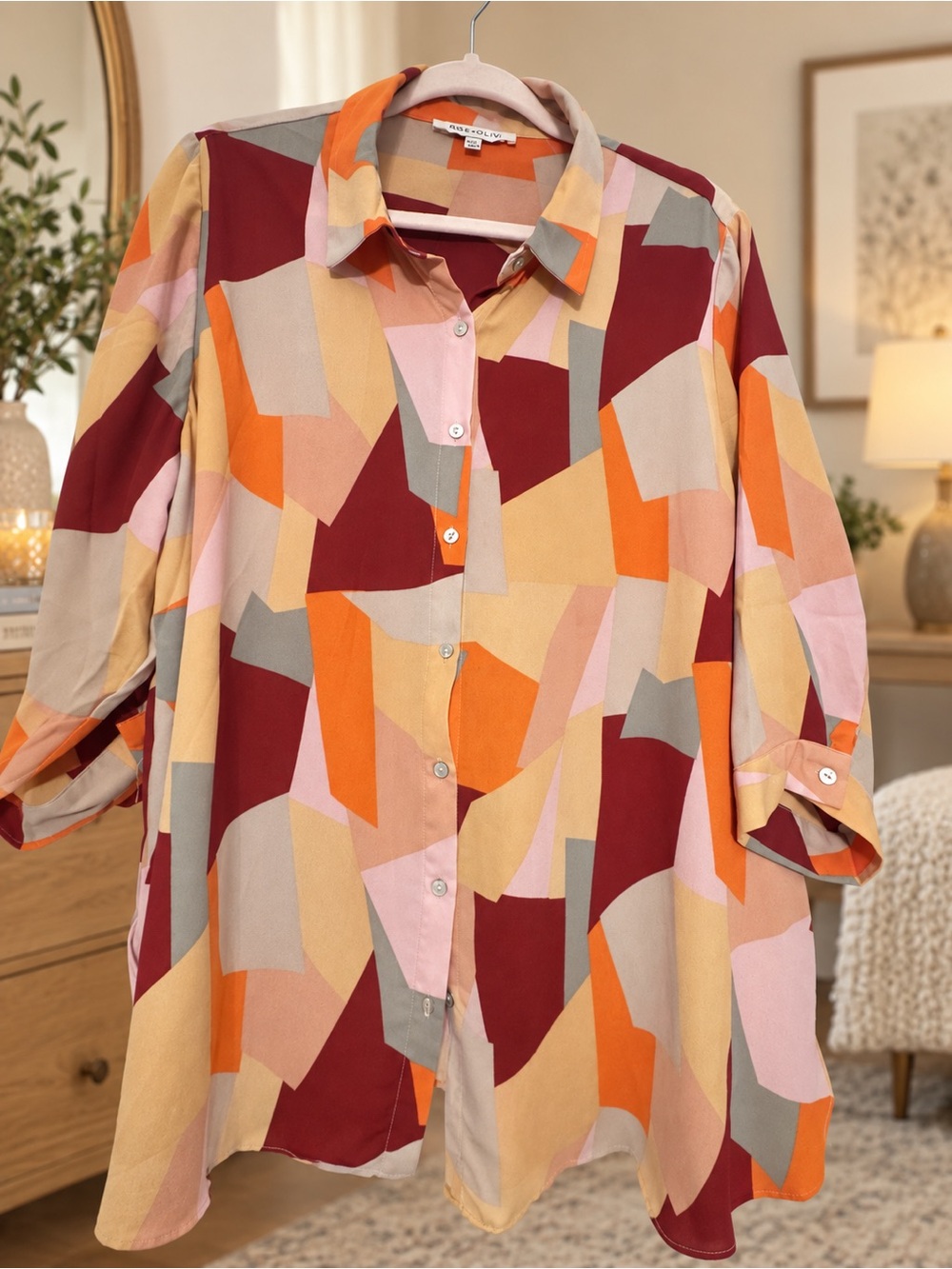 Rose & Olive Geometric Button-Down Shirt - Burgundy, Orange, Pink, Tan, Gray